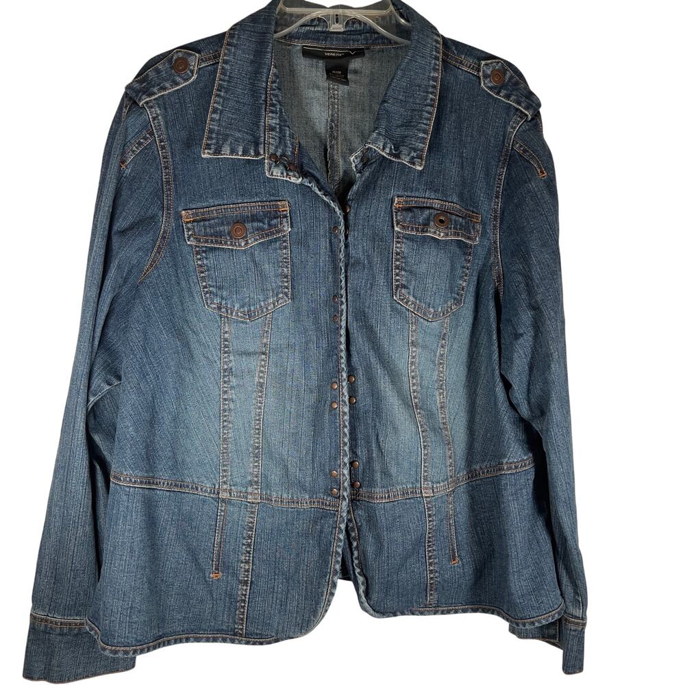 Vintage Venezia Blue Denim Jacket Womens 18/20 Plus Size Metal Hook & Eye Y2K
